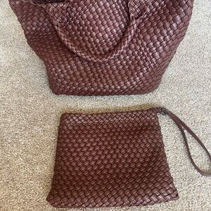 Brown Woven Tote and Clutch Set